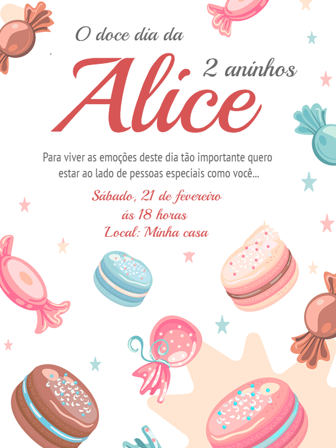 Convite Aniversário Doces e Guloseimas para Editar Online Convite Aniversário Doces e Guloseimas para Editar Online