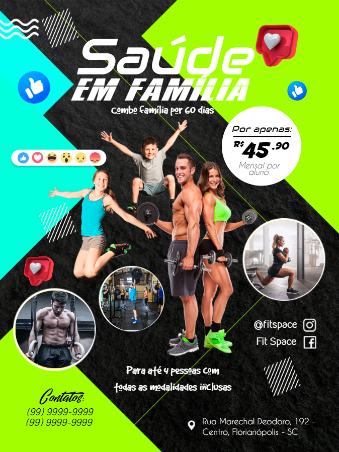 Flyer Editável de Academia: Promoção Saúde em Família Flyer Editável de Academia: Promoção Saúde em Família