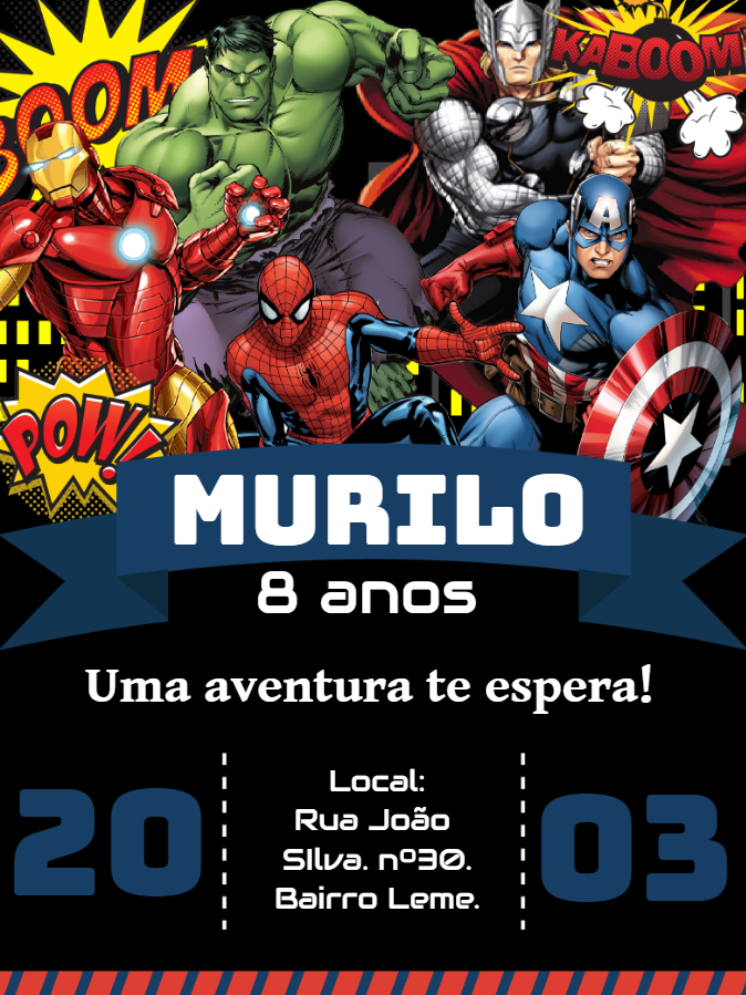 Convite de Aniversário Vingadores para Editar Online Convite de Aniversário Vingadores para Editar Online