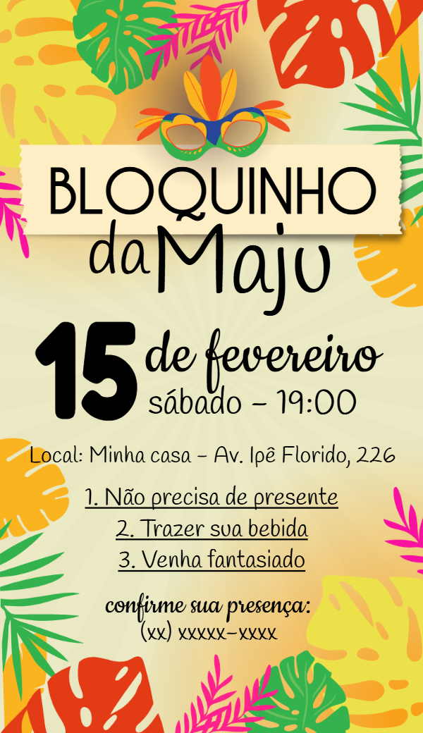 Convite de Carnaval Bloquinho Tropical para Editar Online Convite de Carnaval Bloquinho Tropical para Editar Online