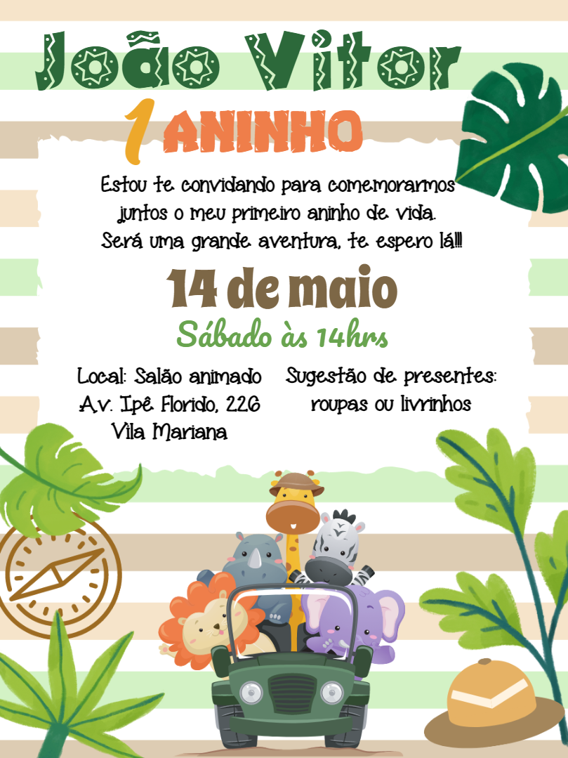 Convite de Aniversário Safari com Animais Fofos para Editar Online Convite de Aniversário Safari com Animais Fofos para Editar Online