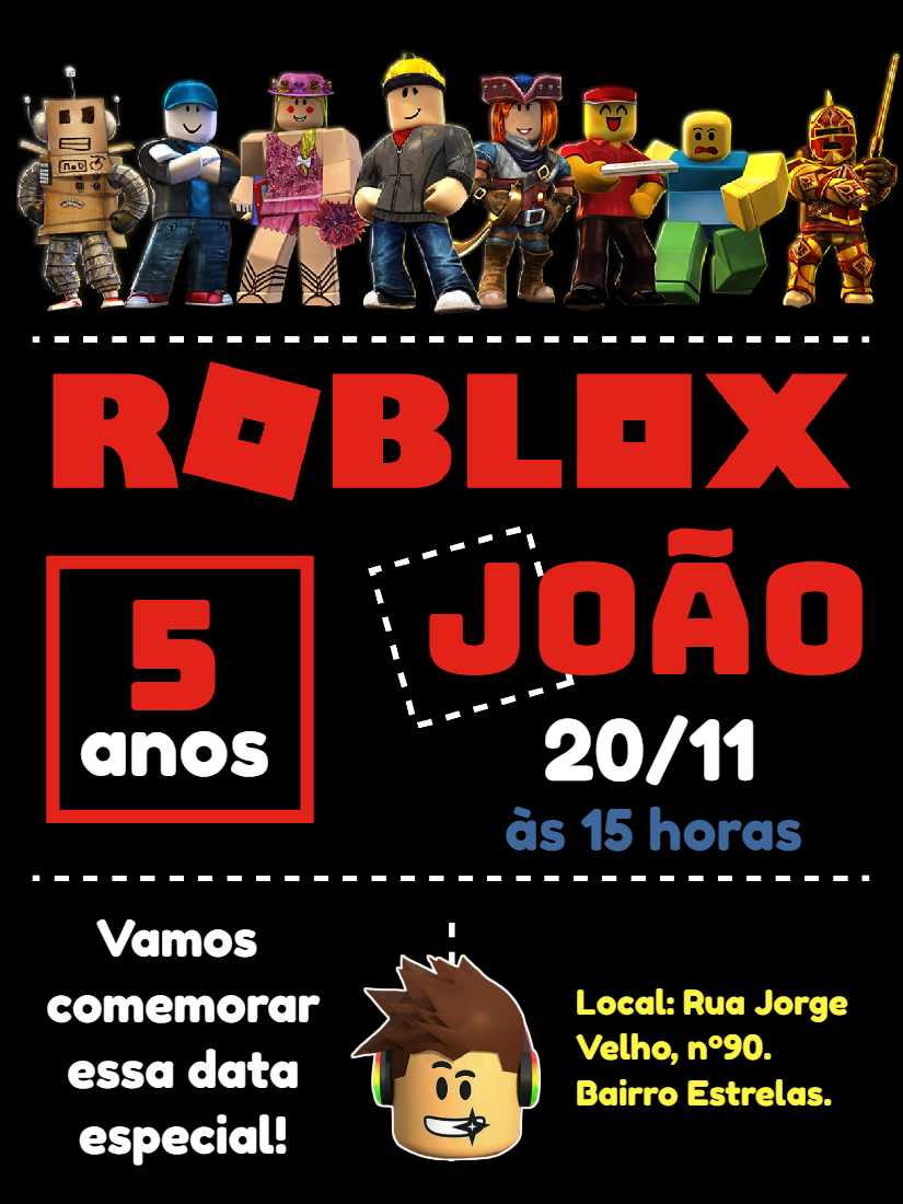 Convite de Aniversário Roblox com Personagens para Editar Online Convite de Aniversário Roblox com Personagens para Editar Online