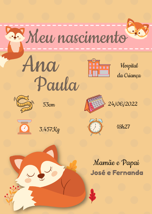 Quadro Nascimento Bebê Raposinha para Editar Online Quadro Nascimento Bebê Raposinha para Editar Online
