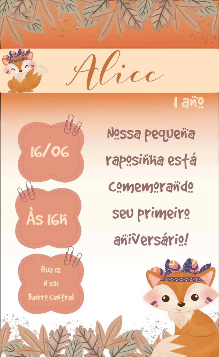Convite de Aniversário Raposinha Menina para Editar Online Convite de Aniversário Raposinha Menina para Editar Online