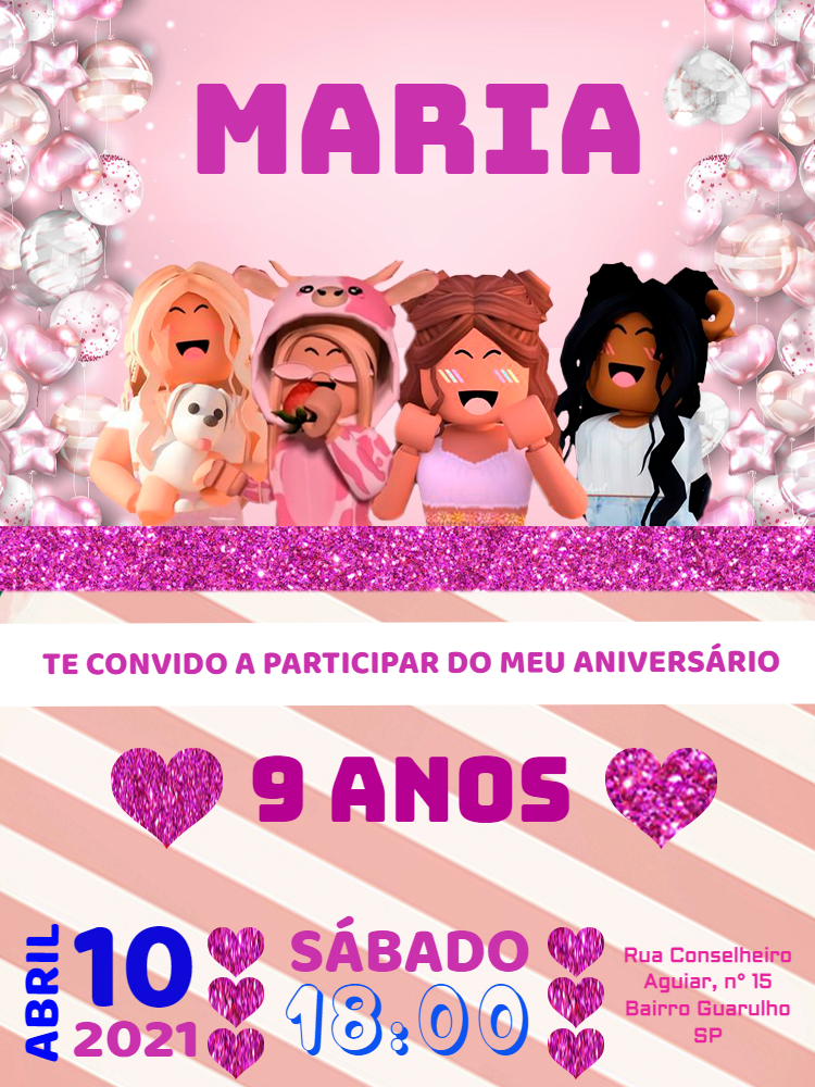Convite Aniversário Roblox Menina Pink para Editar Online Convite Aniversário Roblox Menina Pink para Editar Online