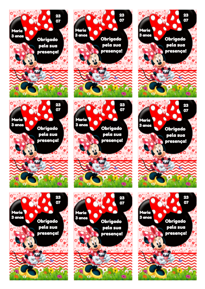 Tag de Aniversário Minnie Mouse Vermelha para Editar