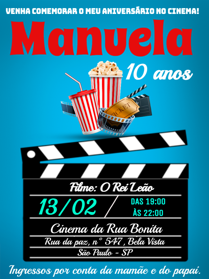 Convite de Aniversário Tema Cinema para Editar Online Convite de Aniversário Tema Cinema para Editar Online