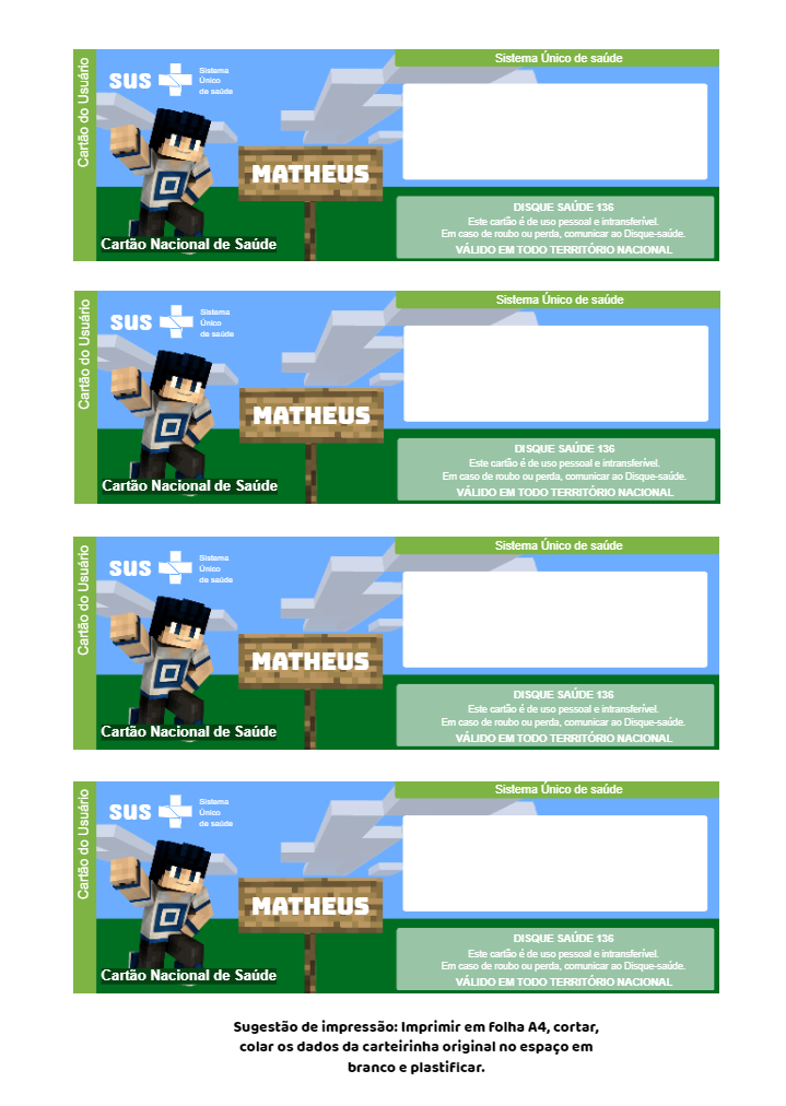 Cartão do SUS Minecraft Personalizado para Editar e Imprimir Cartão do SUS Minecraft Personalizado para Editar e Imprimir