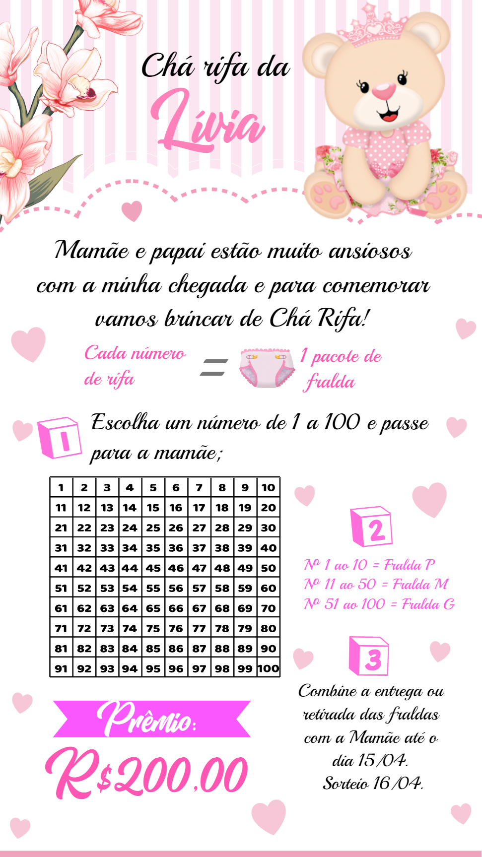 Convite Chá Rifa Ursinha Princesa Editável Online Convite Chá Rifa Ursinha Princesa Editável Online