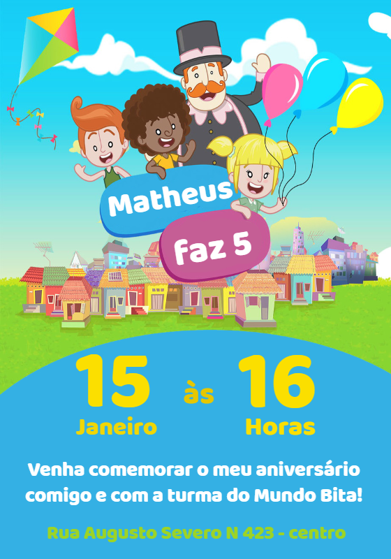 Convite de Aniversário Mundo Bita com Personagens para Editar