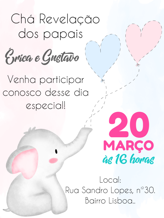 Convite Chá Revelação Elefantinho para Editar Online Convite Chá Revelação Elefantinho para Editar Online