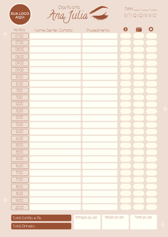 Agenda Diária para Lash Designer Editável e Pronta para Imprimir Agenda Diária para Lash Designer Editável e Pronta para Imprimir