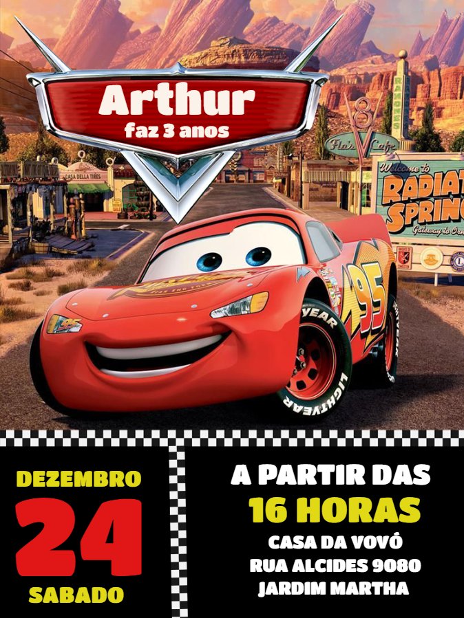 Convite Aniversário Carros do Relâmpago McQueen para Editar Convite Aniversário Carros do Relâmpago McQueen para Editar