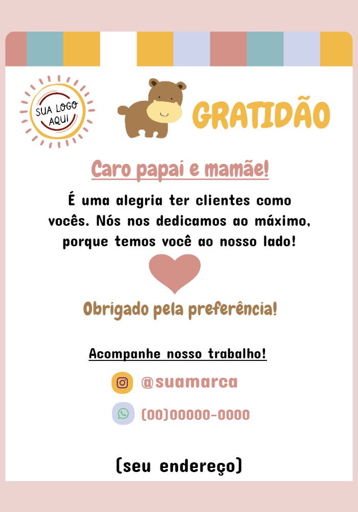Cartão de Agradecimento Infantil com Animal Fofo para Editar Cartão de Agradecimento Infantil com Animal Fofo para Editar