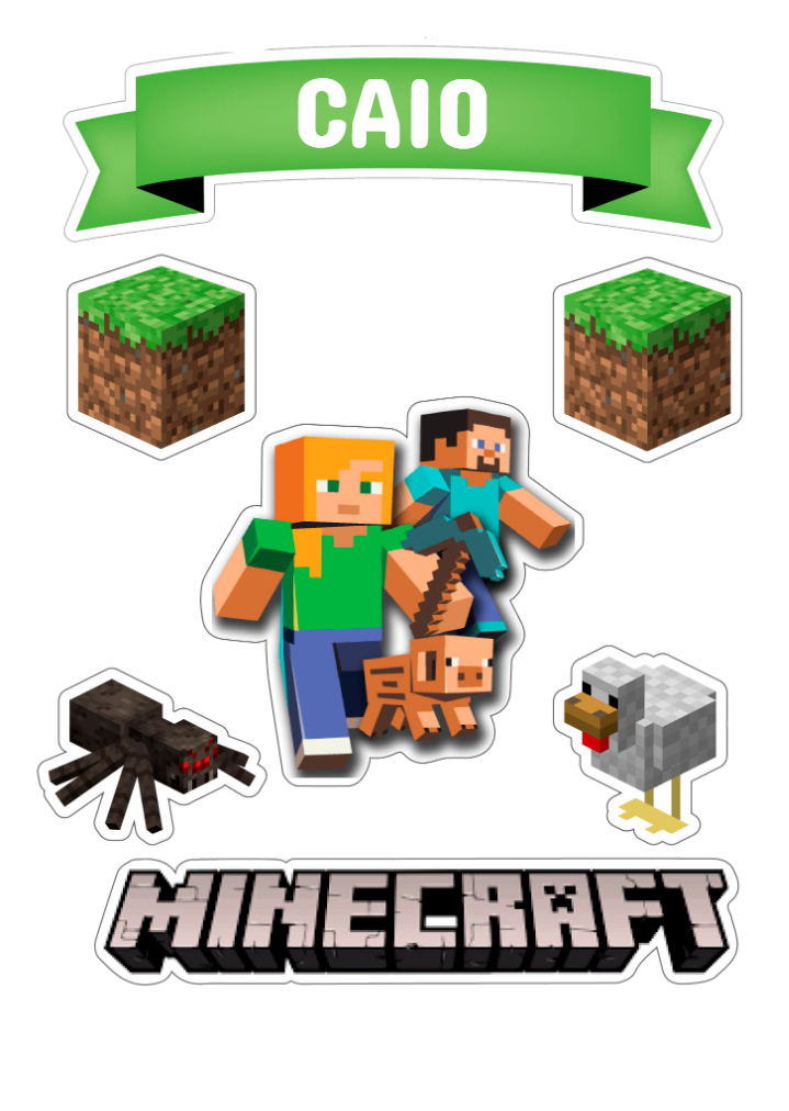 Topo de Bolo Minecraft Aniversário com Personagens para Editar Topo de Bolo Minecraft Aniversário com Personagens para Editar