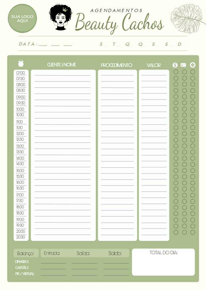 Agenda de Agendamento para Salão de Beleza Editável Online Agenda de Agendamento para Salão de Beleza Editável Online