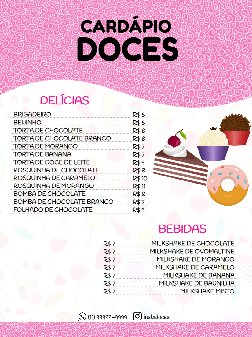 Cardápio Doceria Rosa Editável para Imprimir ou Enviar Online Cardápio Doceria Rosa Editável para Imprimir ou Enviar Online