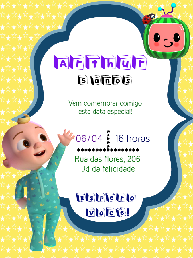 Convite de Aniversário Cocomelon com JJ para Editar Online