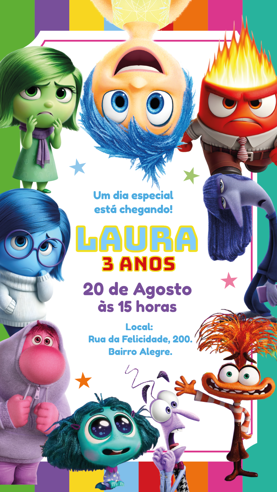 Convite Aniversário Divertida Mente 2 com Personagens para Editar Convite Aniversário Divertida Mente 2 com Personagens para Editar