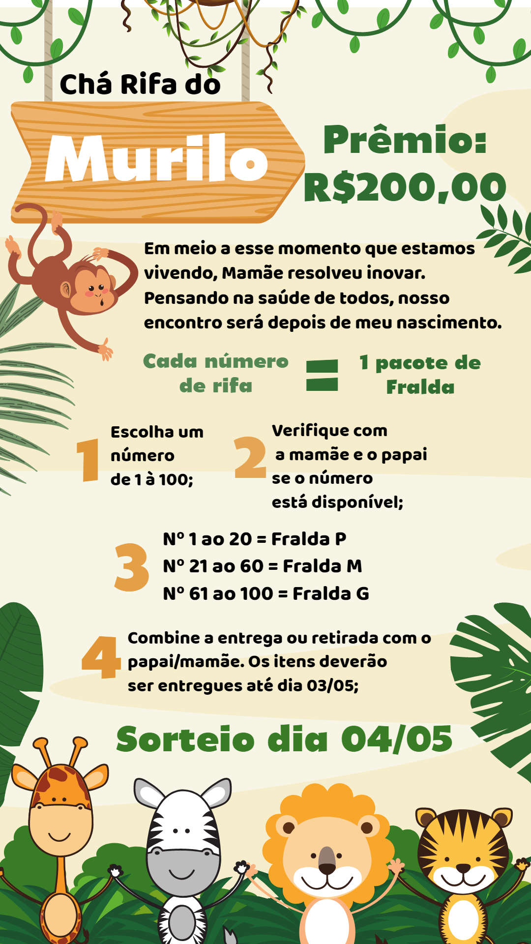 Convite Chá Rifa Safari com Animais para Editar Online Convite Chá Rifa Safari com Animais para Editar Online