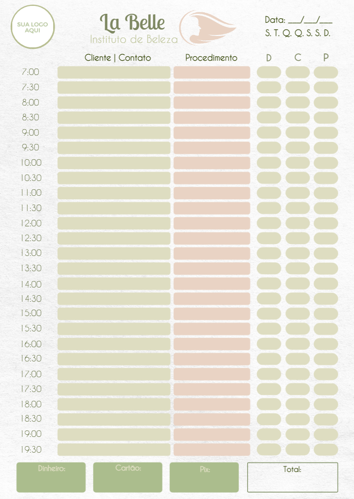 Agenda Diária para Salão de Beleza para Editar e Imprimir