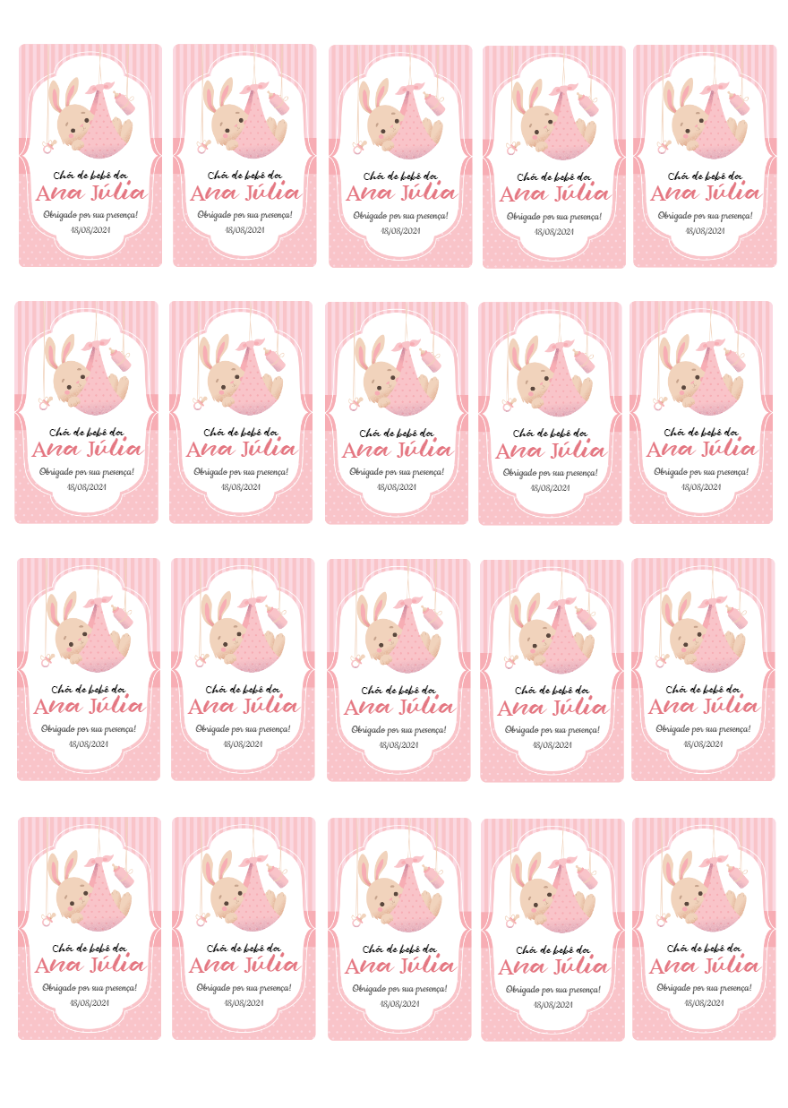 Tag Chá de Bebê Coelhinha Rosa para Editar e Imprimir Tag Chá de Bebê Coelhinha Rosa para Editar e Imprimir