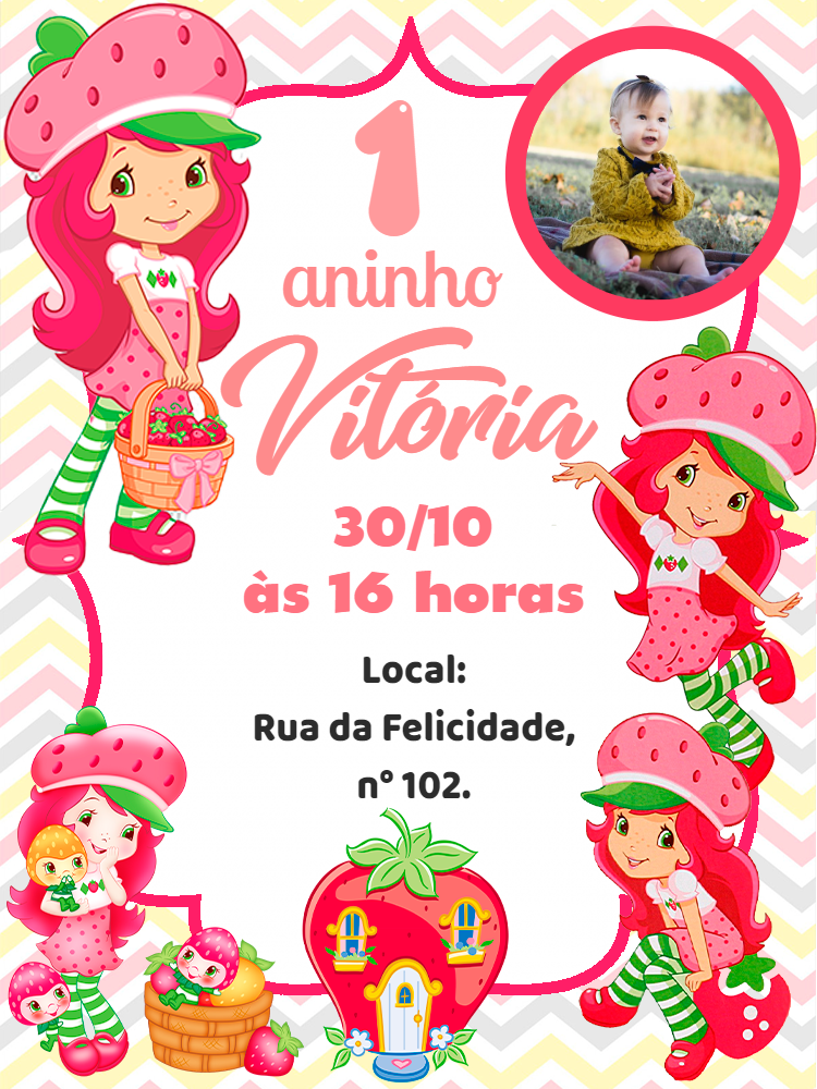 Convite Aniversário Moranguinho com Foto para Editar Online Convite Aniversário Moranguinho com Foto para Editar Online