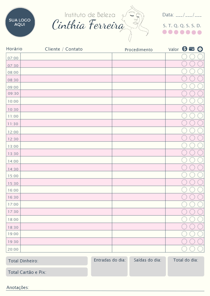 Folha de Agendamento para Salão de Beleza Editável para Imprimir Folha de Agendamento para Salão de Beleza Editável para Imprimir