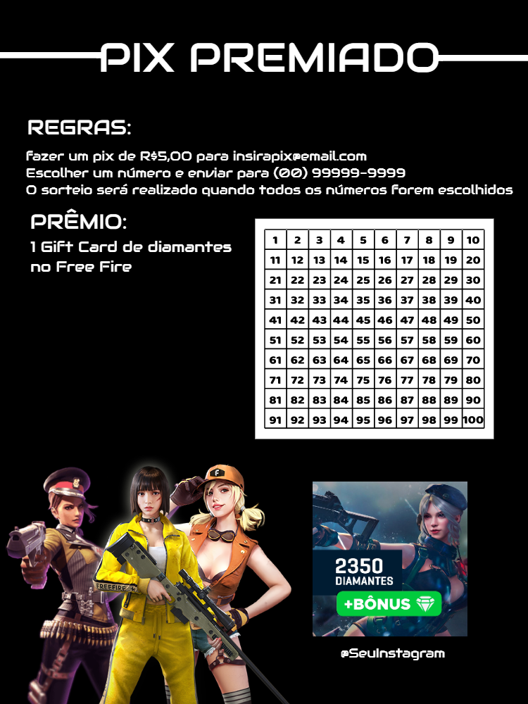 Rifa Pix Premiado Free Fire: Arte Editável para Sorteio Online Rifa Pix Premiado Free Fire: Arte Editável para Sorteio Online