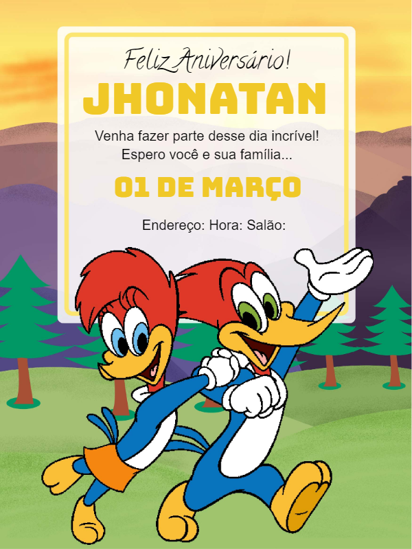 Convite de Aniversário Pica Pau Editável para Imprimir Convite de Aniversário Pica Pau Editável para Imprimir