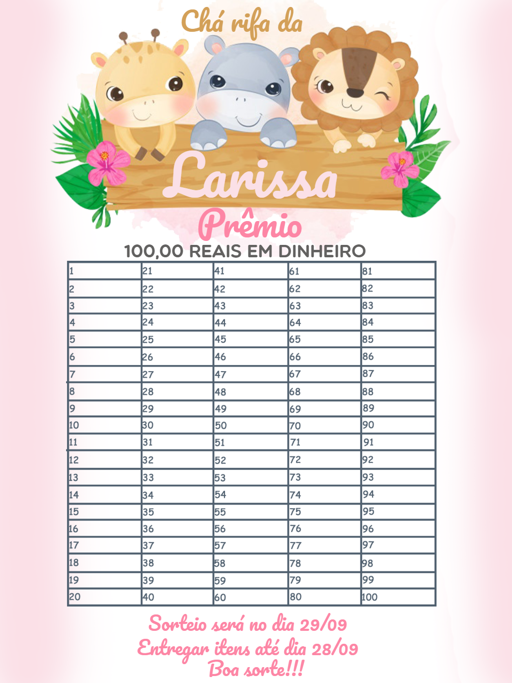 Cartela Chá Rifa Safari Menina com Animais Fofos para Editar Cartela Chá Rifa Safari Menina com Animais Fofos para Editar
