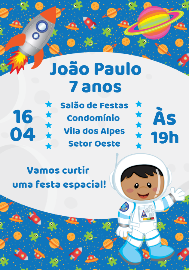 Convite de Aniversário Astronauta Menino para Editar Online Convite de Aniversário Astronauta Menino para Editar Online