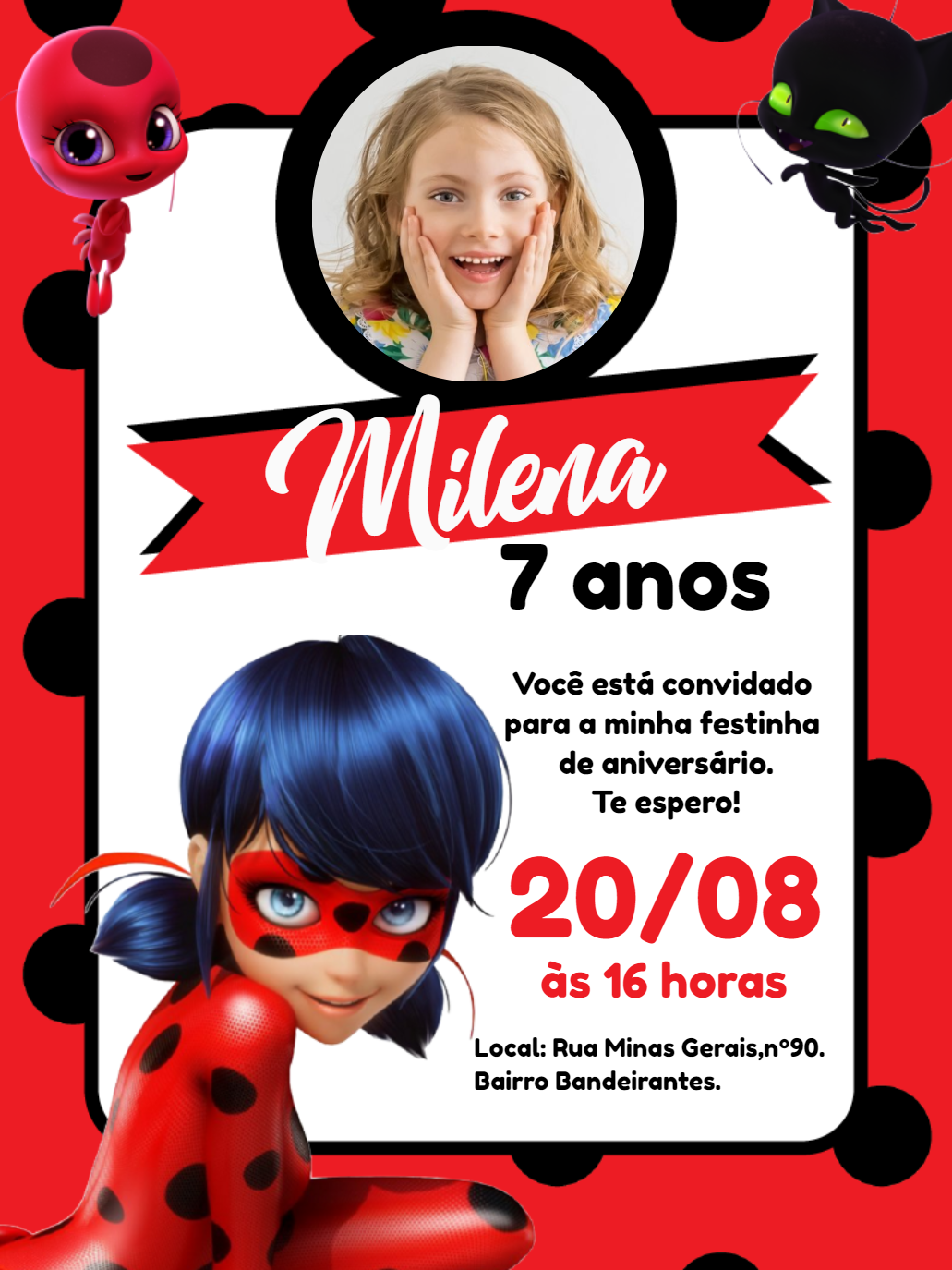 Convite Aniversário Ladybug Miraculous com Foto para Editar Convite Aniversário Ladybug Miraculous com Foto para Editar