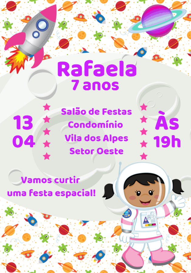 Convite Aniversário Astronauta Menina para Editar Online Convite Aniversário Astronauta Menina para Editar Online