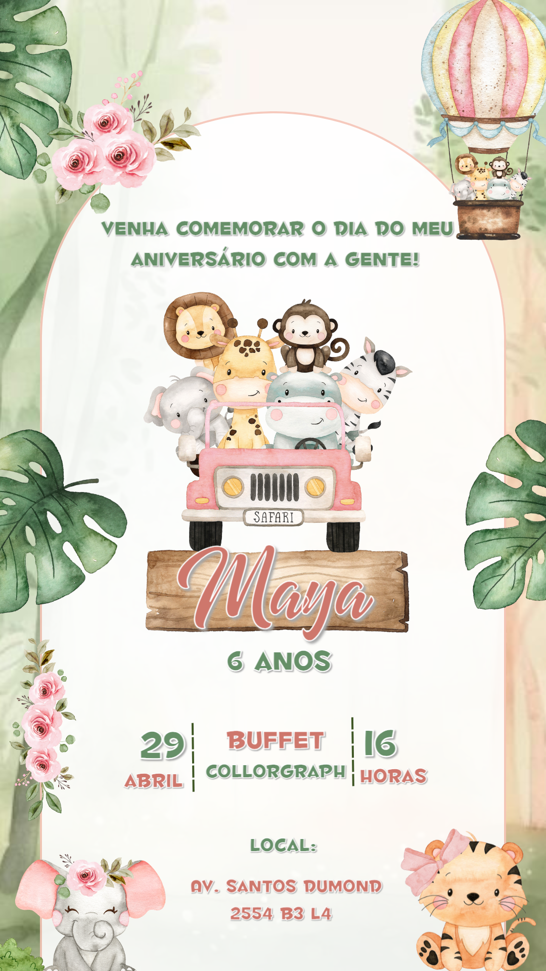 Convite Aniversário Safari Rosa com Animais para Editar Convite Aniversário Safari Rosa com Animais para Editar