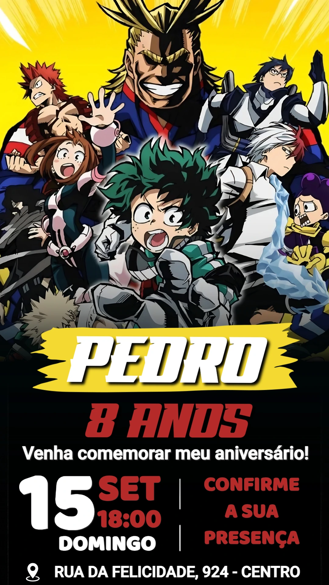 Convite de Aniversário Boku no Hero Editável para Festa de Menino Convite de Aniversário Boku no Hero Editável para Festa de Menino