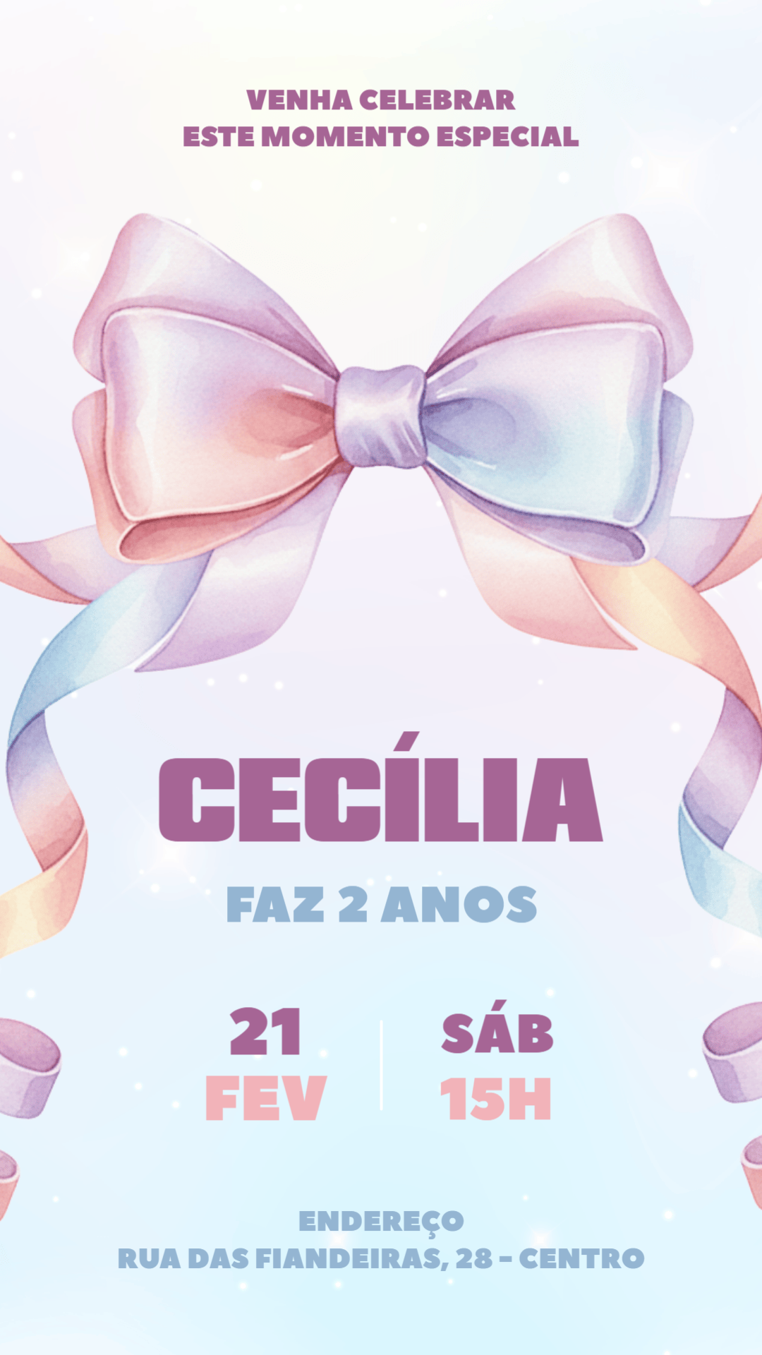 Convite Aniversário Laço Aquarela para Editar Online