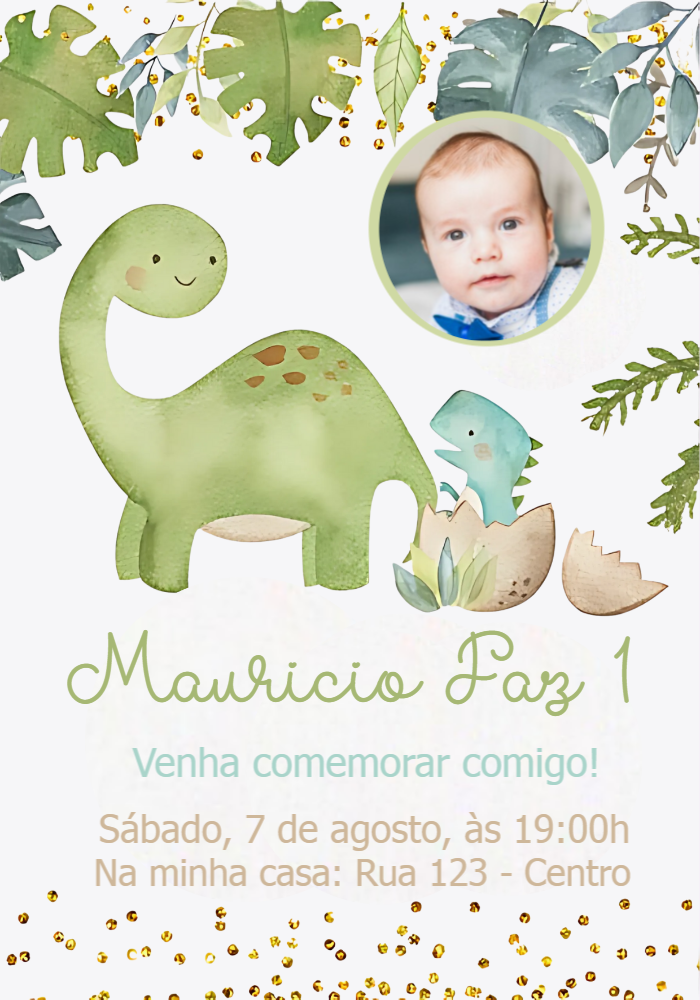 Convite Aniversário Dinossauro Baby com Foto para Editar Online