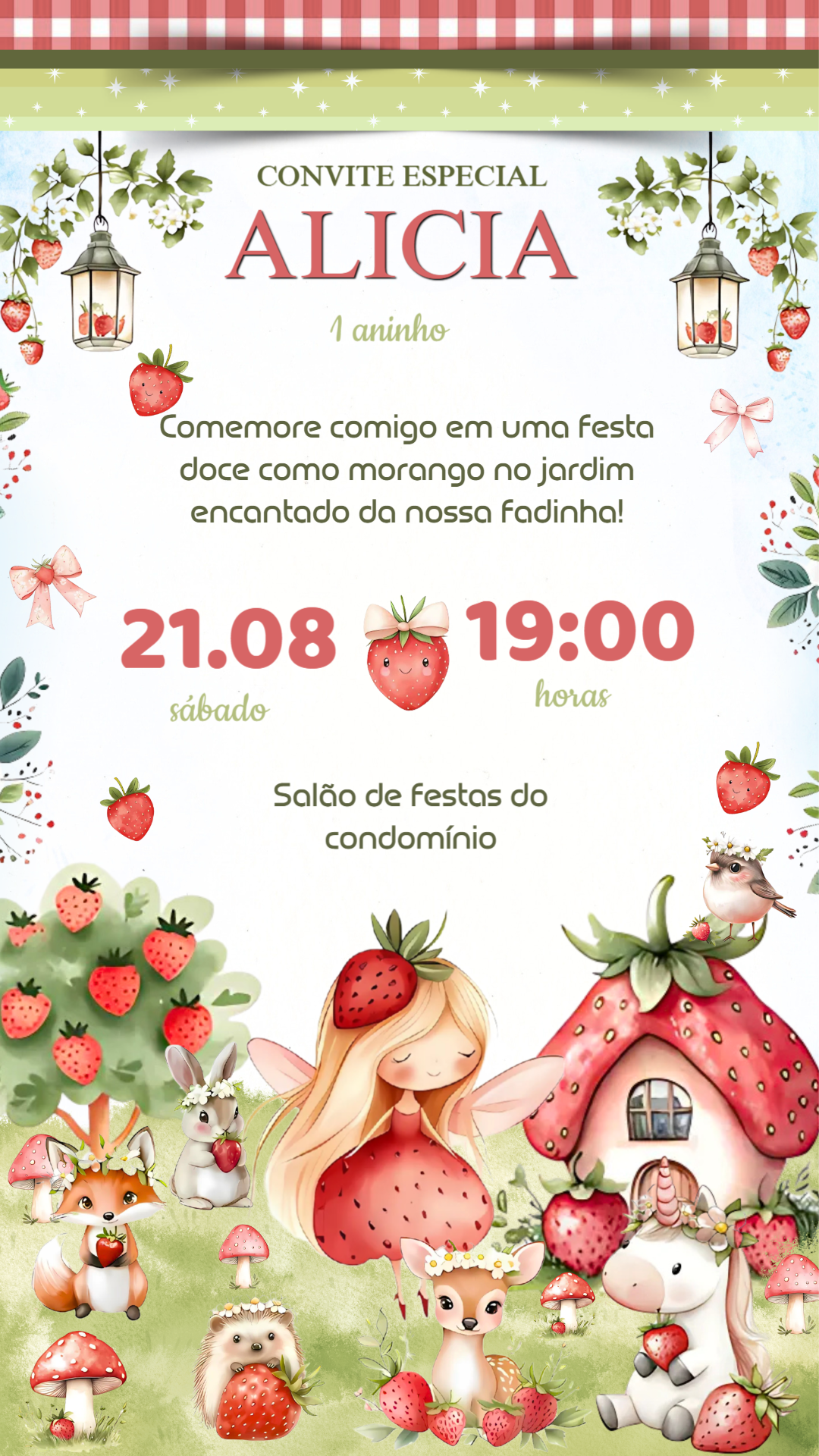 Convite Aniversário Moranguinho e Fadinha para Editar Online Convite Aniversário Moranguinho e Fadinha para Editar Online