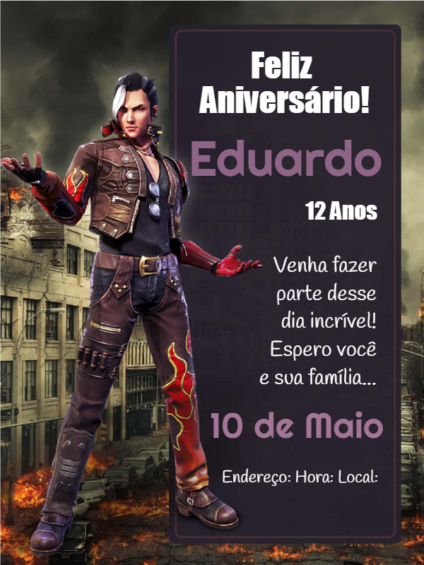 Convite Aniversário Free Fire com Personagem para Editar Online Convite Aniversário Free Fire com Personagem para Editar Online