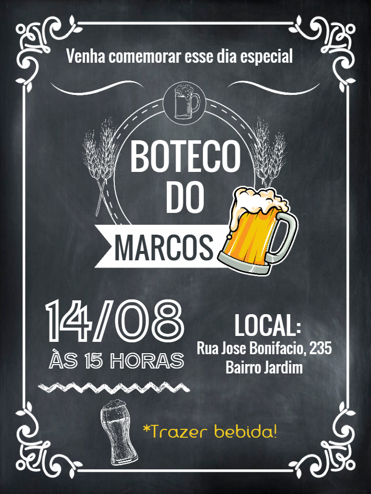 Convite de Aniversário Boteco Quadro Negro para Editar Convite de Aniversário Boteco Quadro Negro para Editar