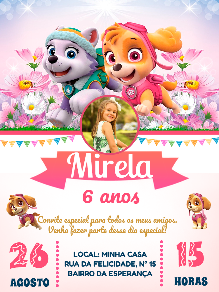 Convite Aniversário Patrulha Canina Skye com Foto para Editar Convite Aniversário Patrulha Canina Skye com Foto para Editar