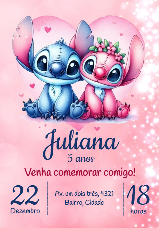 Convite de Aniversário Stitch e Angel para Editar Online Convite de Aniversário Stitch e Angel para Editar Online