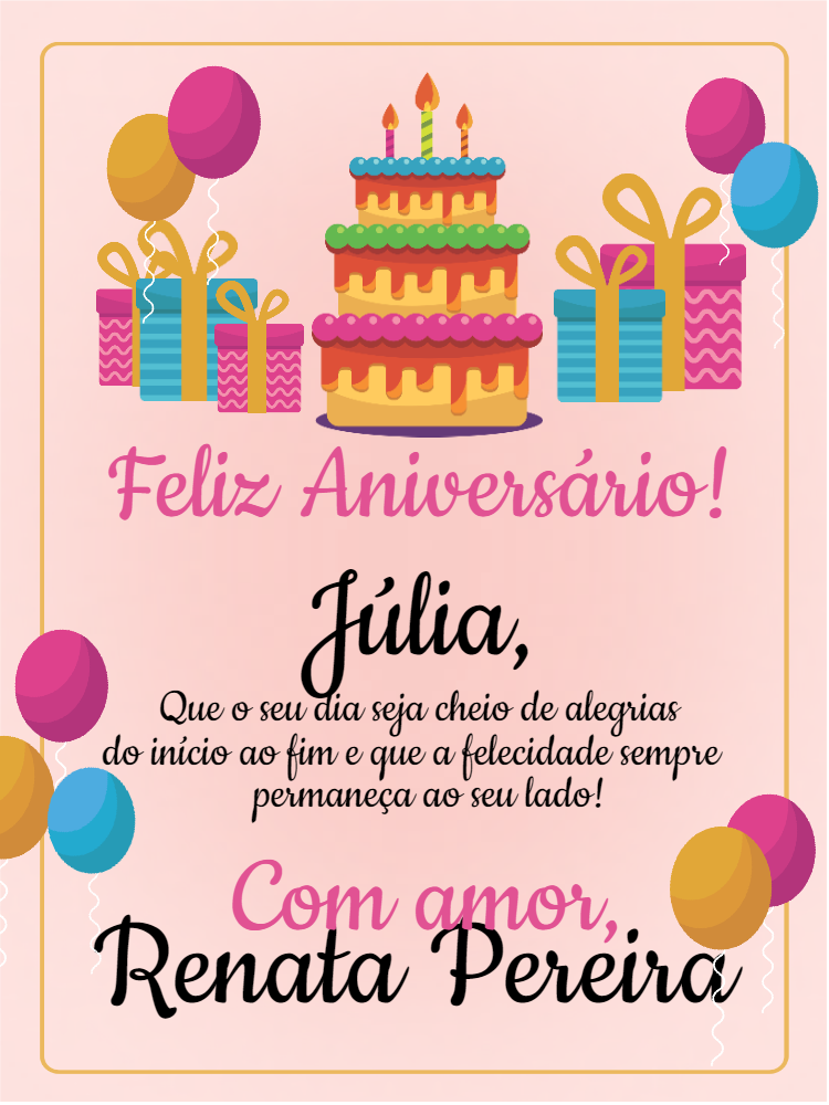 Cartão de Aniversário com Bolo e Balões para Editar Online Cartão de Aniversário com Bolo e Balões para Editar Online