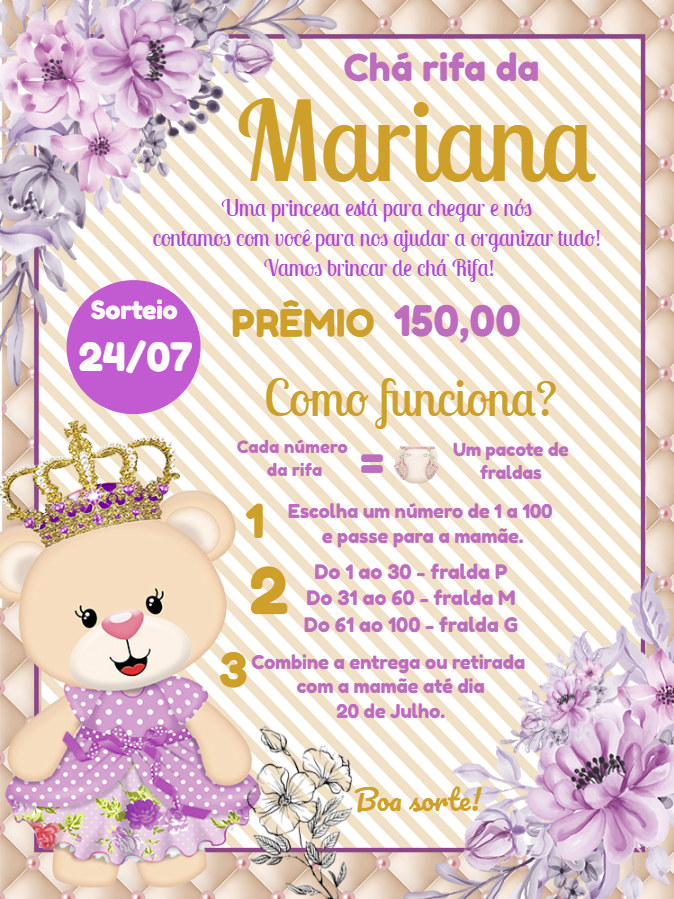 Convite Chá Rifa Ursinha Princesa para Editar Online Convite Chá Rifa Ursinha Princesa para Editar Online