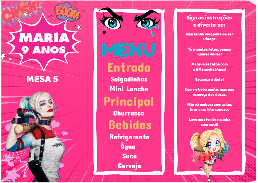 Menu Cardápio Arlequina Editável para Festa de Aniversário Menu Cardápio Arlequina Editável para Festa de Aniversário