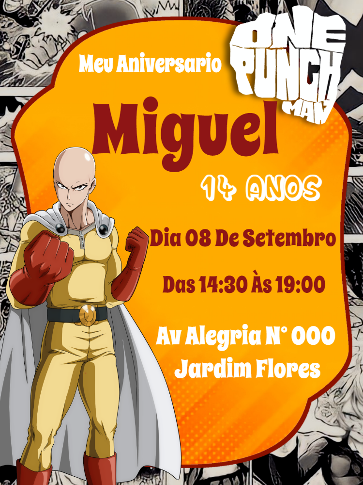 Convite de Aniversário One Punch Man com Saitama para Editar Convite de Aniversário One Punch Man com Saitama para Editar
