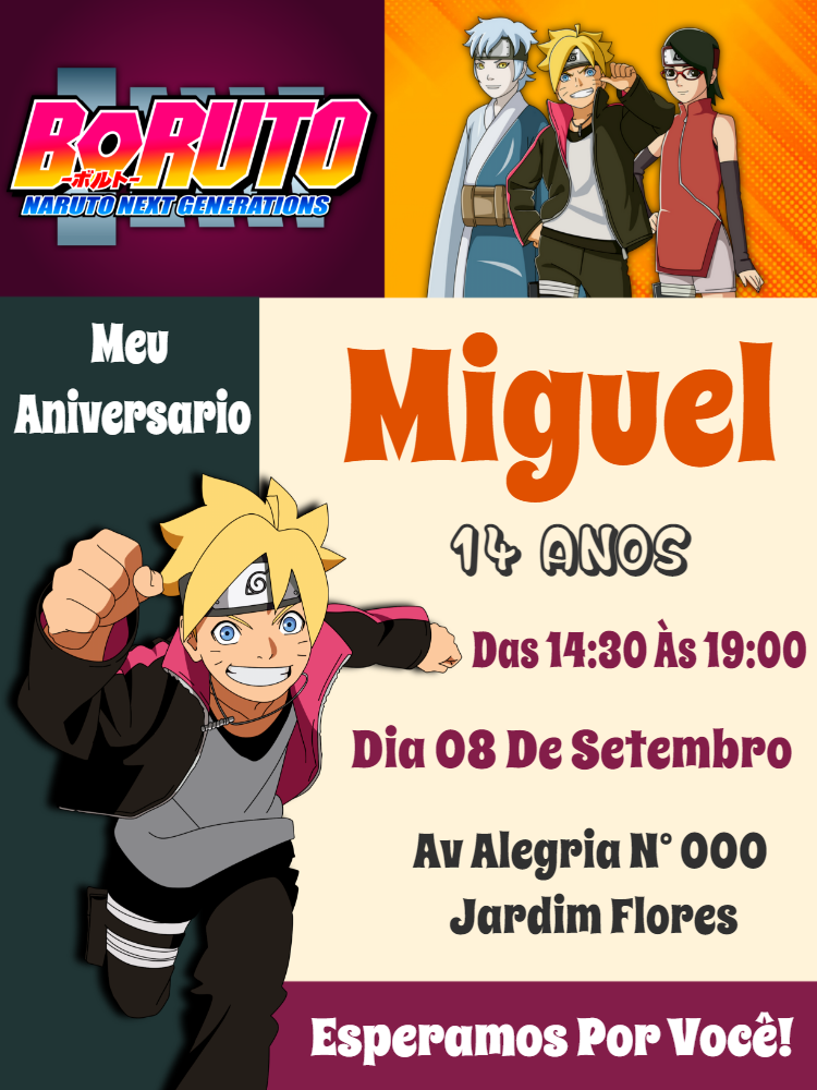 Convite de Aniversário Boruto com Personagens para Editar Online Convite de Aniversário Boruto com Personagens para Editar Online
