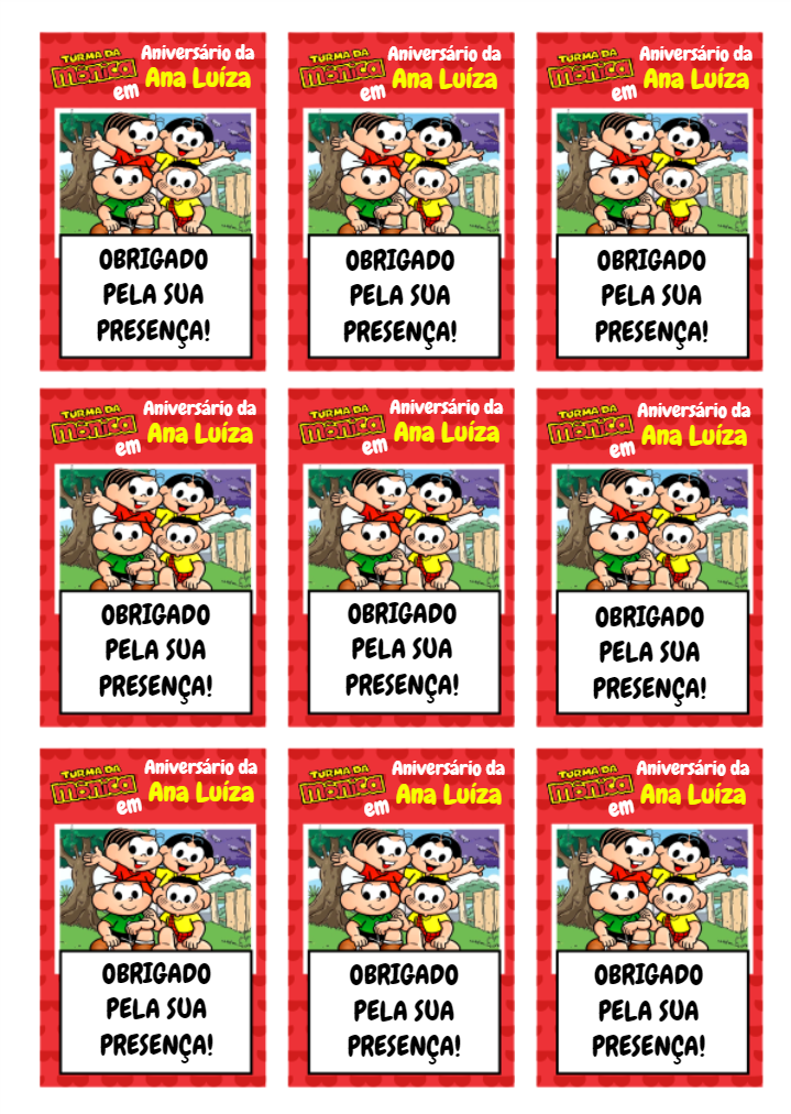 Tag de Aniversário Turma da Mônica para Editar Online Tag de Aniversário Turma da Mônica para Editar Online