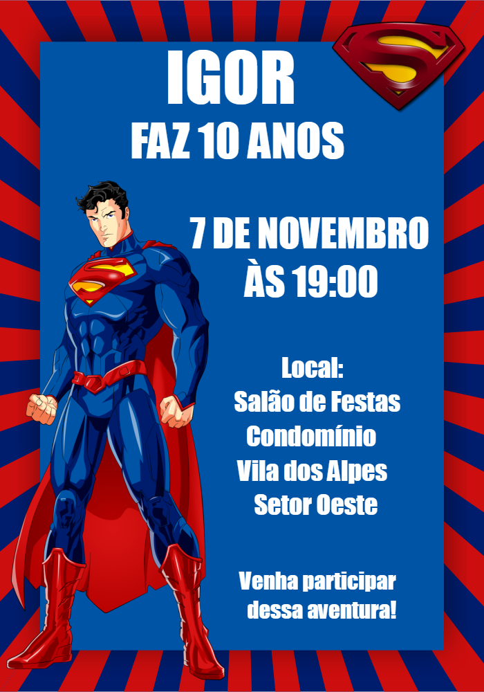 Convite de Aniversário Superman para Editar Online Convite de Aniversário Superman para Editar Online